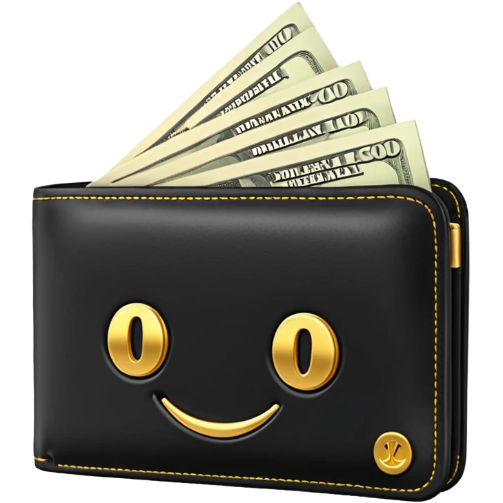 Rich emoji style black leather wallet with dollar bills, luxury money vibe, premium 3D emoji, ultra clean, high detail, no background
 emoji