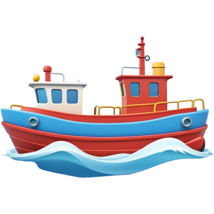 A 3D cartoon tugboat towing another boat on calm blue water, soft waves, clear sky, Memoji-style. emoji