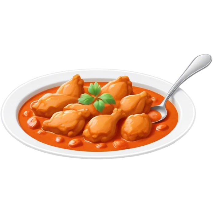 Cinematic Realistic Butter Chicken Dish Emoji, depicted with tender chicken simmered in a creamy tomato‚Äêbased sauce rendered with rich textures and dynamic, appetizing lighting. emoji
