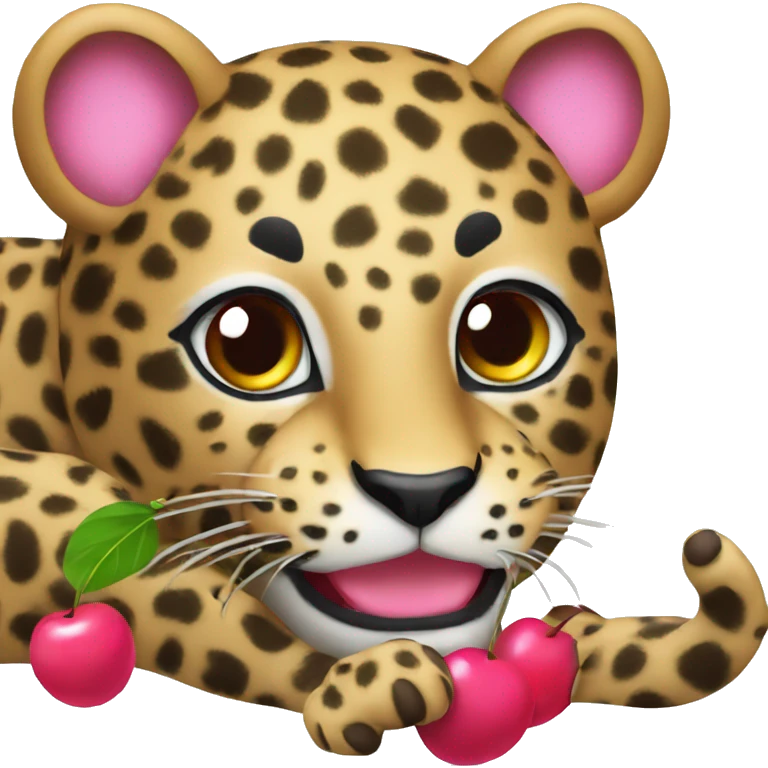Leopard with a pink bun eating cherry emoji