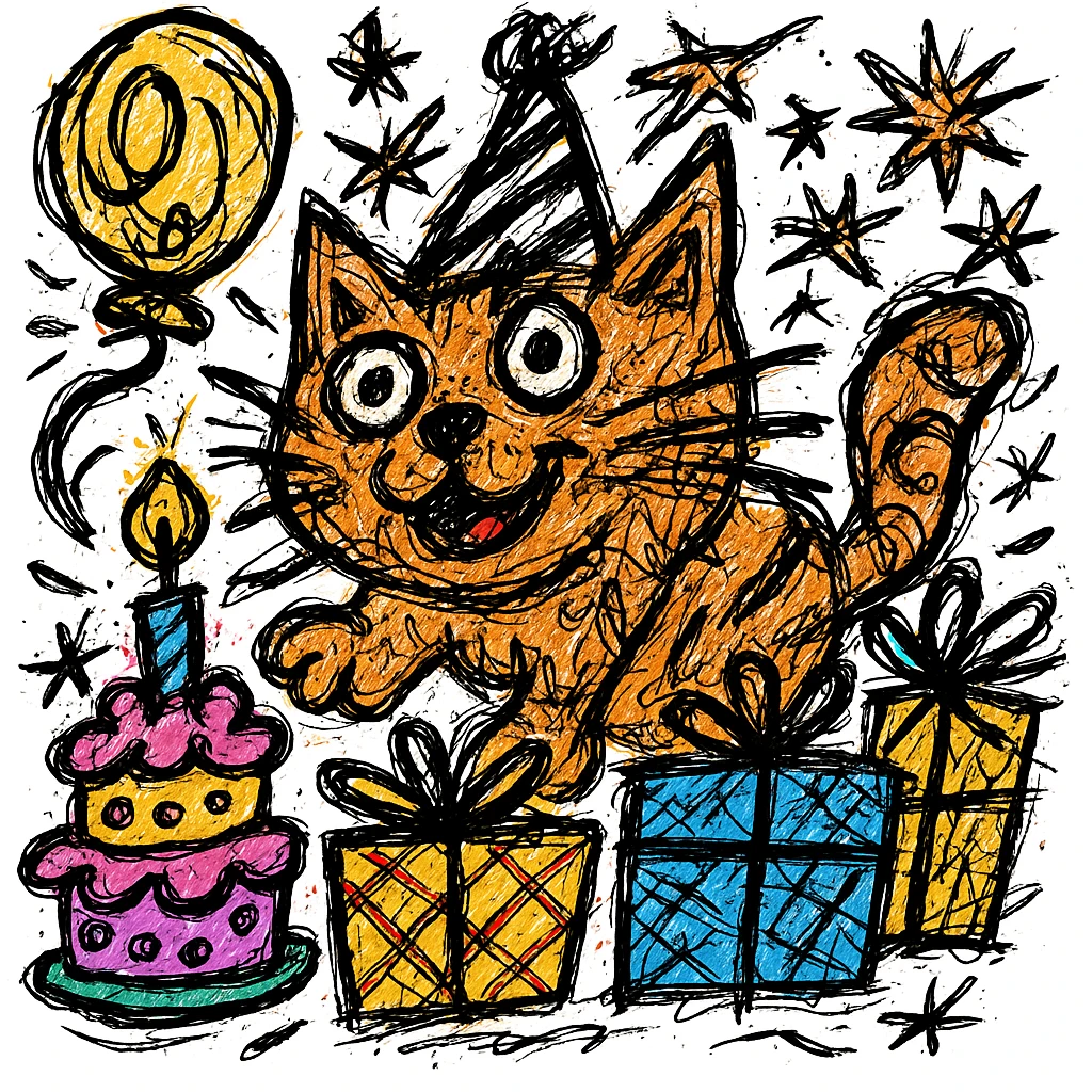 Make the birthday cake more colorful while keeping the chaotic outlined style and all other elements intact emoji