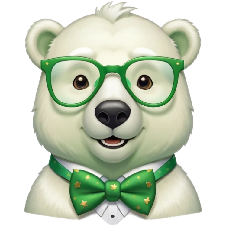 head and shoulders of a friendly anthropomorphised polar bear smiling, wearing large multicolored star-shaped glasses, green bow tie, shamrock pin, festive green shirt emoji