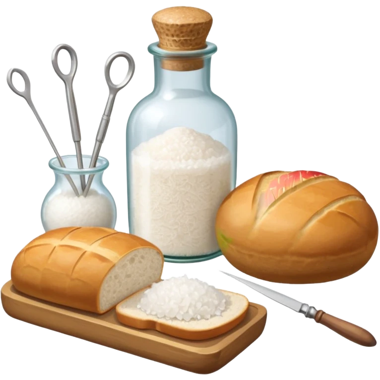 a one victorian bottle of salt and a loaf of bread - crochet needles and a ball of wool emoji