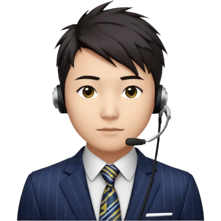 30 years old full kind of chubby face, very asian, short dark hair styled upward with a spiked swoop in front, a clean-shaven face, focused eyes, and a slim headset over one ear, wearing a dark pinstripe suit with a patterned dress shirt and a bright solid-colored tie visible from the chest up. emoji