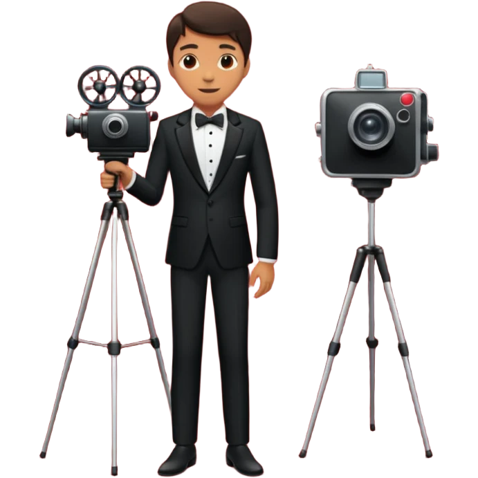 an actor standing on a red carpet with a formal tuxedo, with only one movie camera on a tripod next to him. emoji