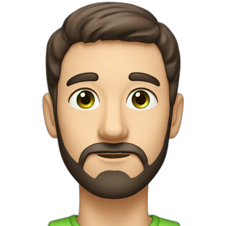 Male, thin face, dark brown beard 10cm long and reaching up to the nose, protruding ears, green eyes, cap. emoji