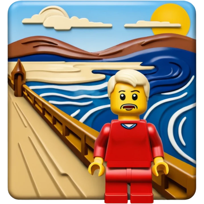Edvard munch the scream landscape in the style of Lego with a minifig emoji
