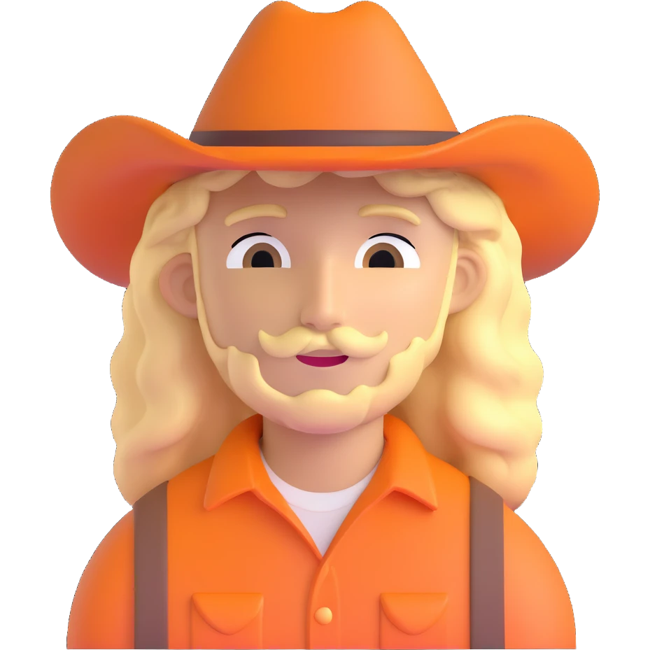 young man with wavy blonde hair, blank face, orange cowboy hat emoji