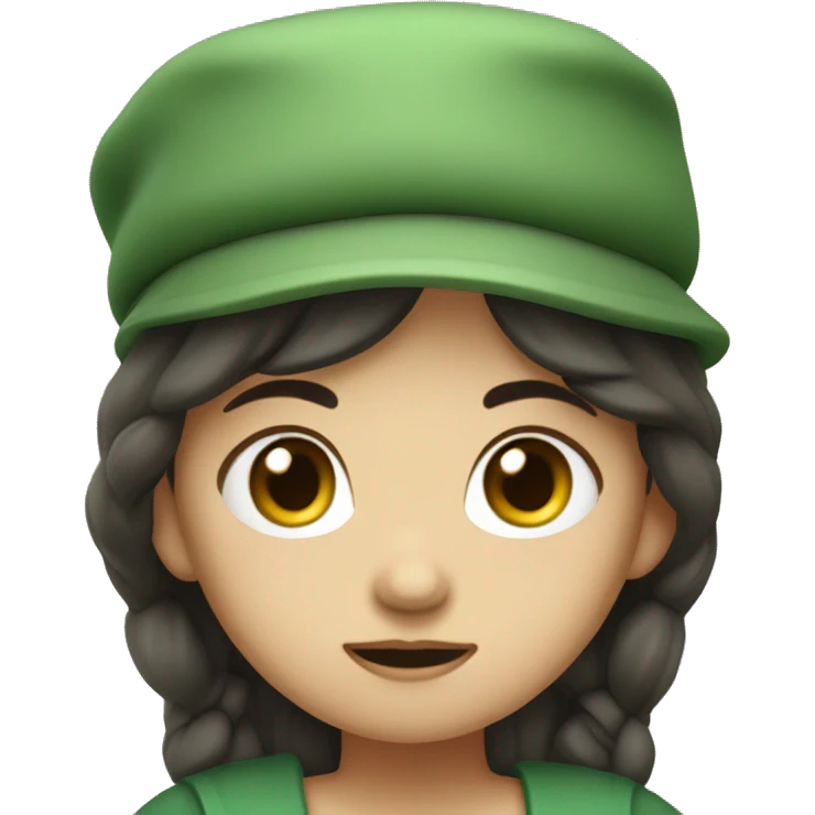 sad shepherdess, white skin, long dark hair, green dress and a hat whole body emoji emoji