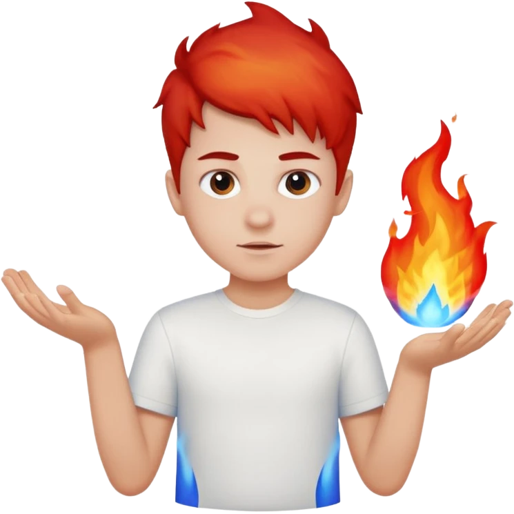 A boy with no hands fire instead made out of red fire and blue fire on a white shirt that the boy is wearing  emoji