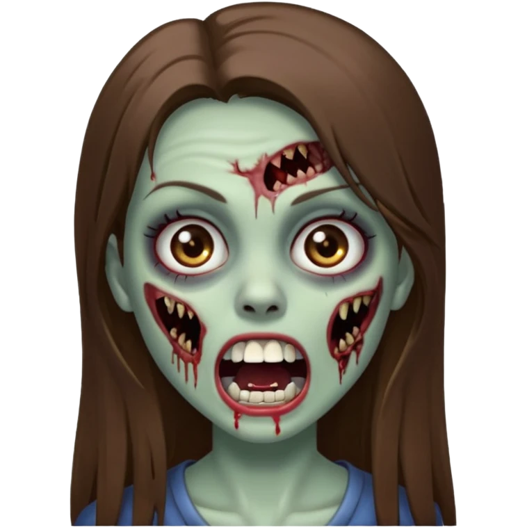faça uma menina zumbi, ela tem cabelo marrom comprido e bem bem liso, ela nao tem franja. ela usa maquiagem com rimel e ta com a boca aberta emoji