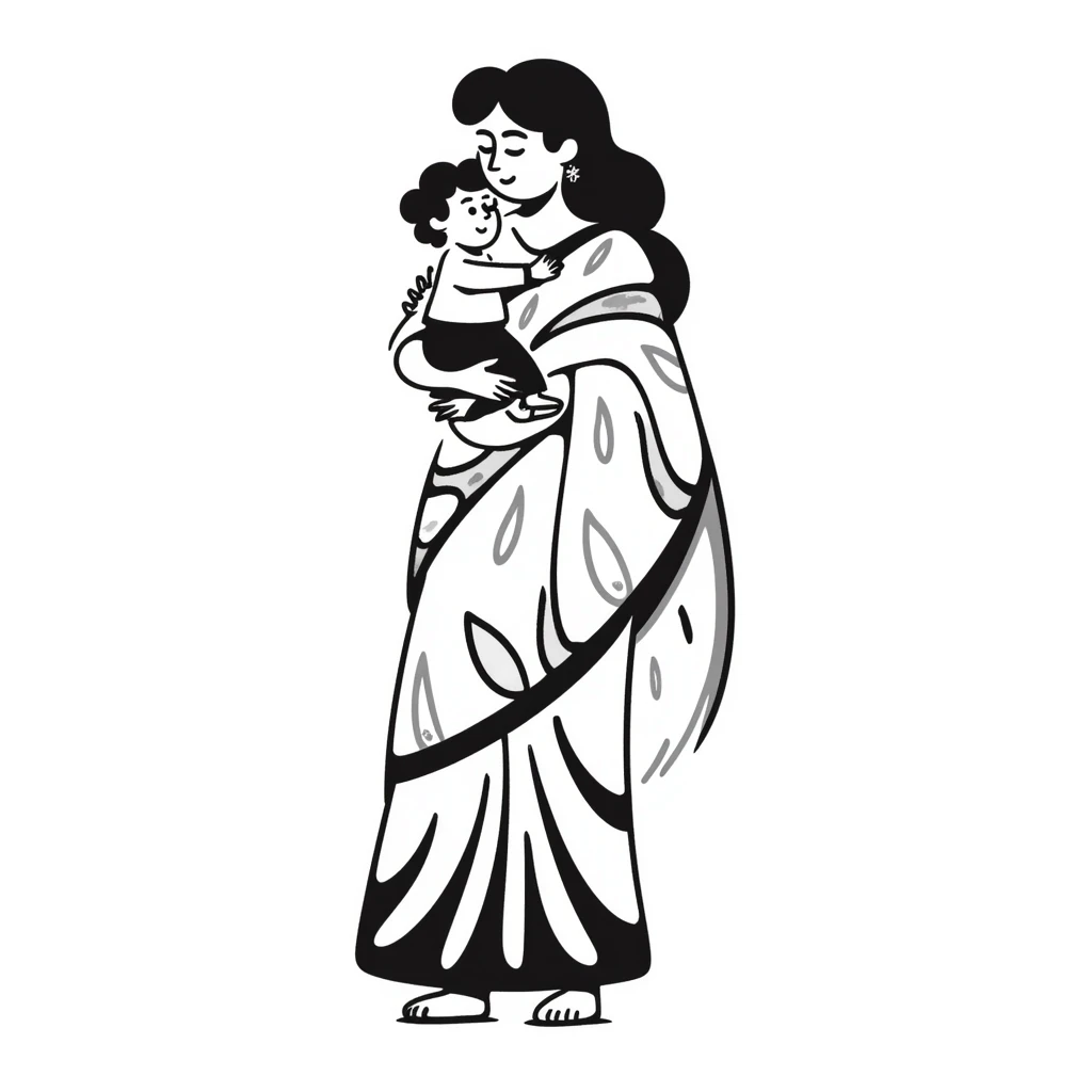 Indian mother in a saree holding a child, hand-drawn doodle style emoji