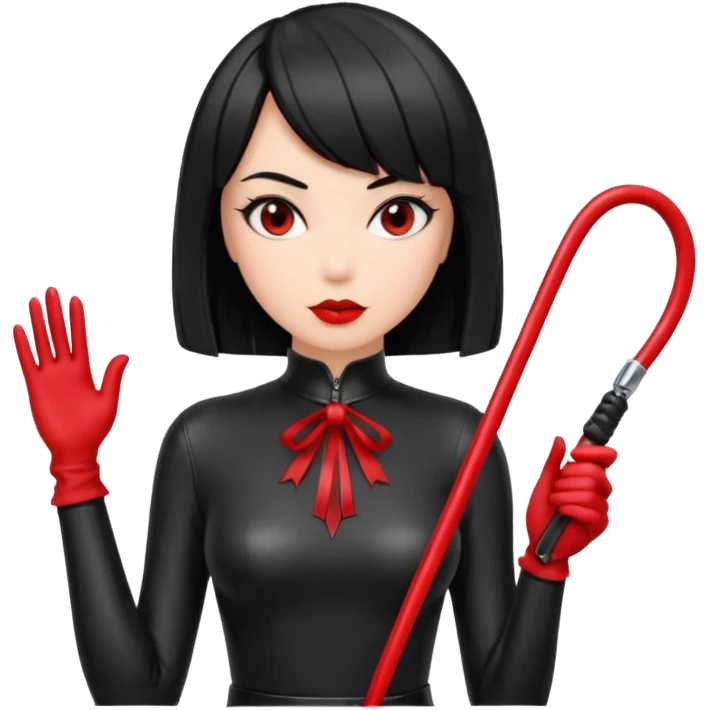 madam with straight bob black hairstyle in black latex with red whip in hand emoji