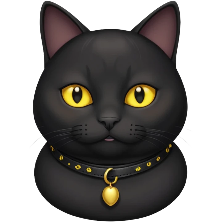Un gato negro gordito con los ojos de color amarillos sentado con un collar que diga: waina michi emoji