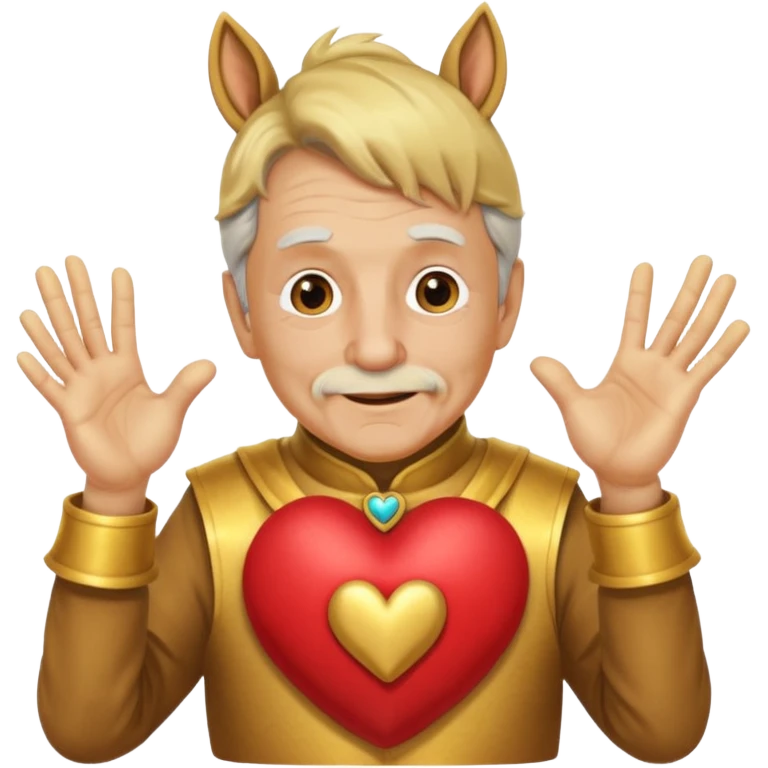 피부가 황금으로 된 할아버지가 말 코스프레를 하고 손으로 하트 모양을 만들며 부끄러워한다 emoji