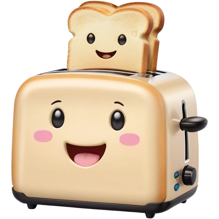 Cute Kawaii Toaster, tiny and square, soft pastel cream with a happy smile, chubby cheeks, two little toast slices popping out, giggling in excitement! emoji