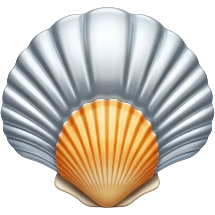 A seashell emoji made of polished silver chrome, smooth curved surface, reflective metallic highlights, elegant minimal design, iOS emoji style, centered, clean white background, soft lighting emoji