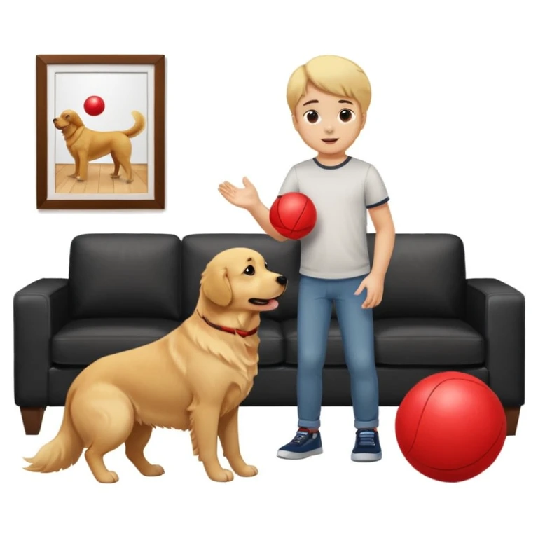 kid and dog playing with ball, living room background emoji