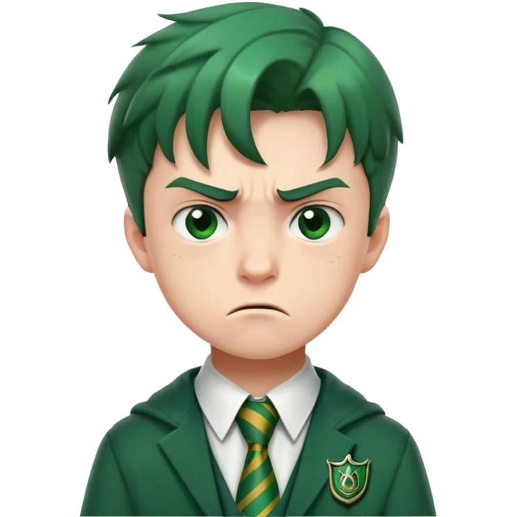 Upset angry teenage boy with scowling face wearing green Slytherin Hogwarts uniform and tie emoji