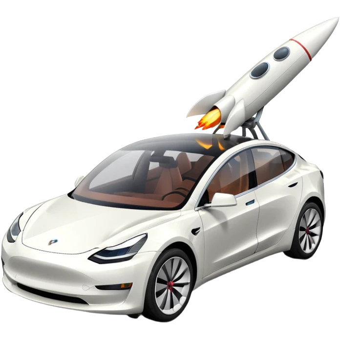 Tesla model 3 white. Two small rockets mounted flat on roof emoji