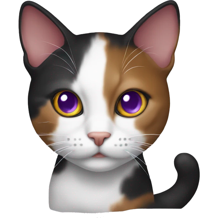 The cat is a calico cat with purple eyes, the color is dark brown, red and white emoji