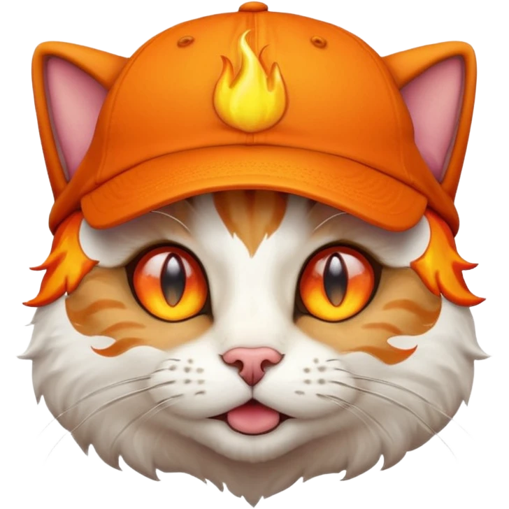 Cat with the flames in his eyes with a orange baseball hat on his head emoji