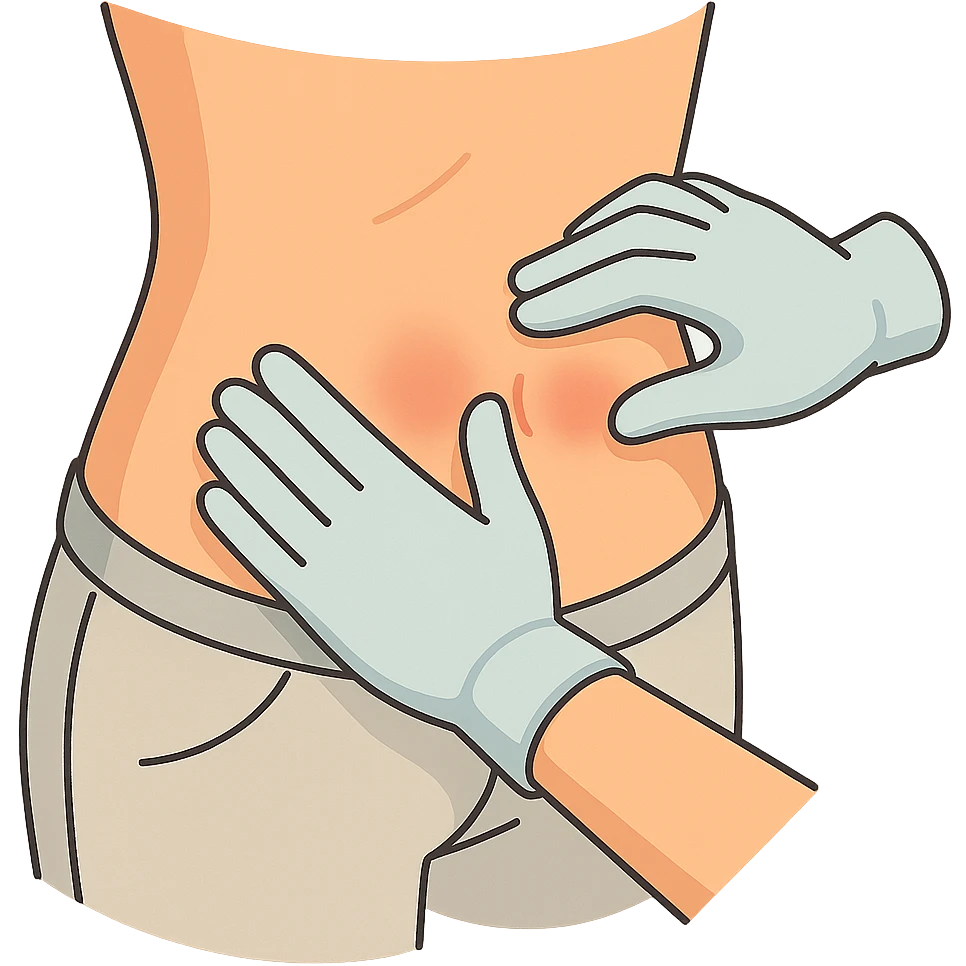 Close-up of a human abdomen with a doctor wearing gloves palpating it. Fingers gently pressing on the abdomen with pressure points highlighted by light redness. The person is wearing pants, side view, 2D isometric style, very detailed, soft rounded shapes, clean contours, pastel palette, refined shadows and highlights, modern illustration, transparent background. emoji