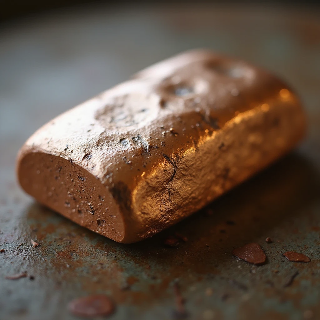 realistic copper ingot, close-up, shiny surface, natural lighting emoji