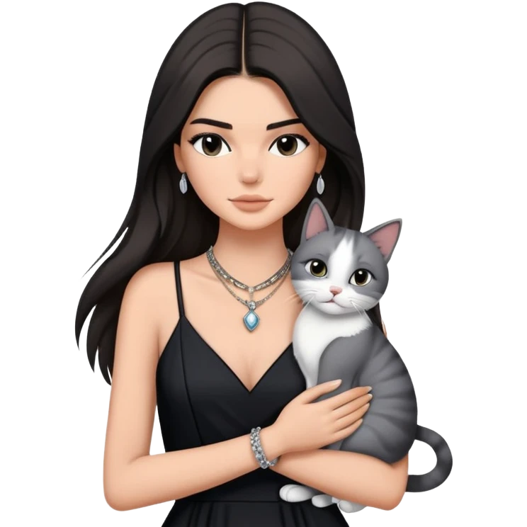Kendall Jenner long hair with black dress and necklace hug one grey white cat emoji