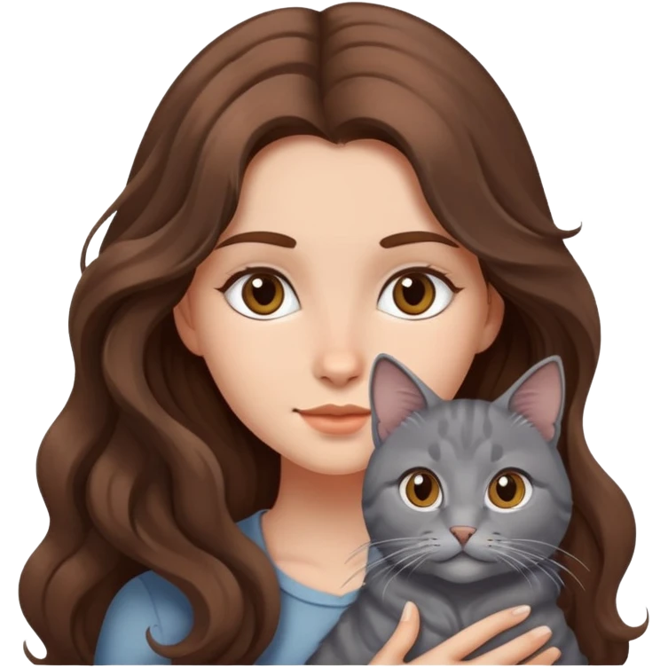 Ragazza con capelli lunghi marroni mossi con un gatto grigio  emoji