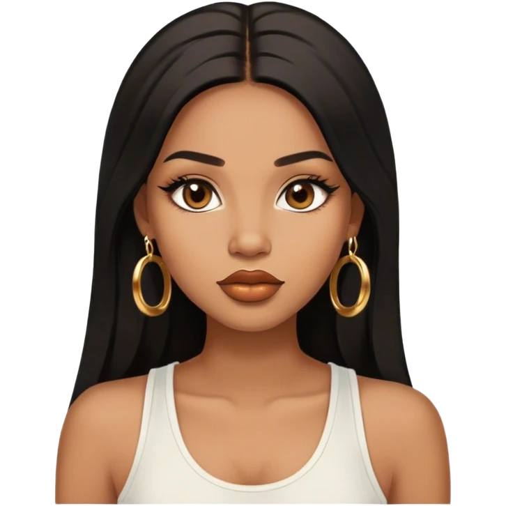 light brown skin tone, very beautiful woman, with big plump lips, long long lashes, black straight long hair, brown eyes, white tank top, gold hoop earrings emoji