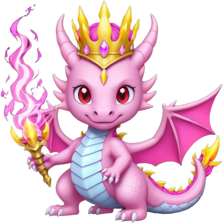 cute pink dragon queen breathing magical fire, dark fantasy style, glowing red eyes, lightning aura, royal crown, powerful pose, bold outline, transparent background, twitch badge emoji
