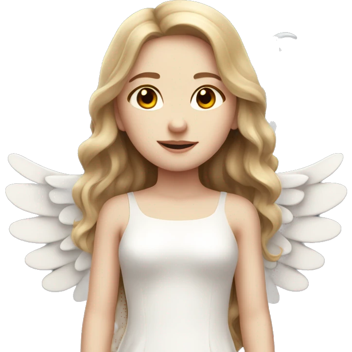 Pale skinned girl with long light brown hair in a white dress with angel wings emoji