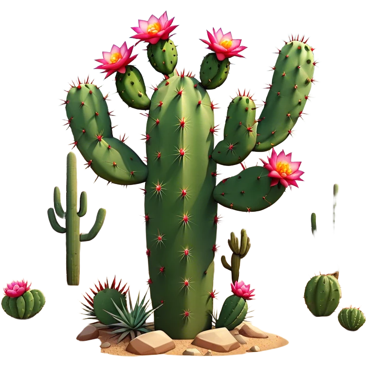 Cinematic Realistic Cactus Emoji, Tall and spiny, with thick, rounded stems covered in sharp spines. Bright flowers bloom at the tips of some branches, adding a pop of color against the desert backdrop. Soft glowing outline, capturing the essence of strength, survival, and desert beauty in a striking cactus! emoji