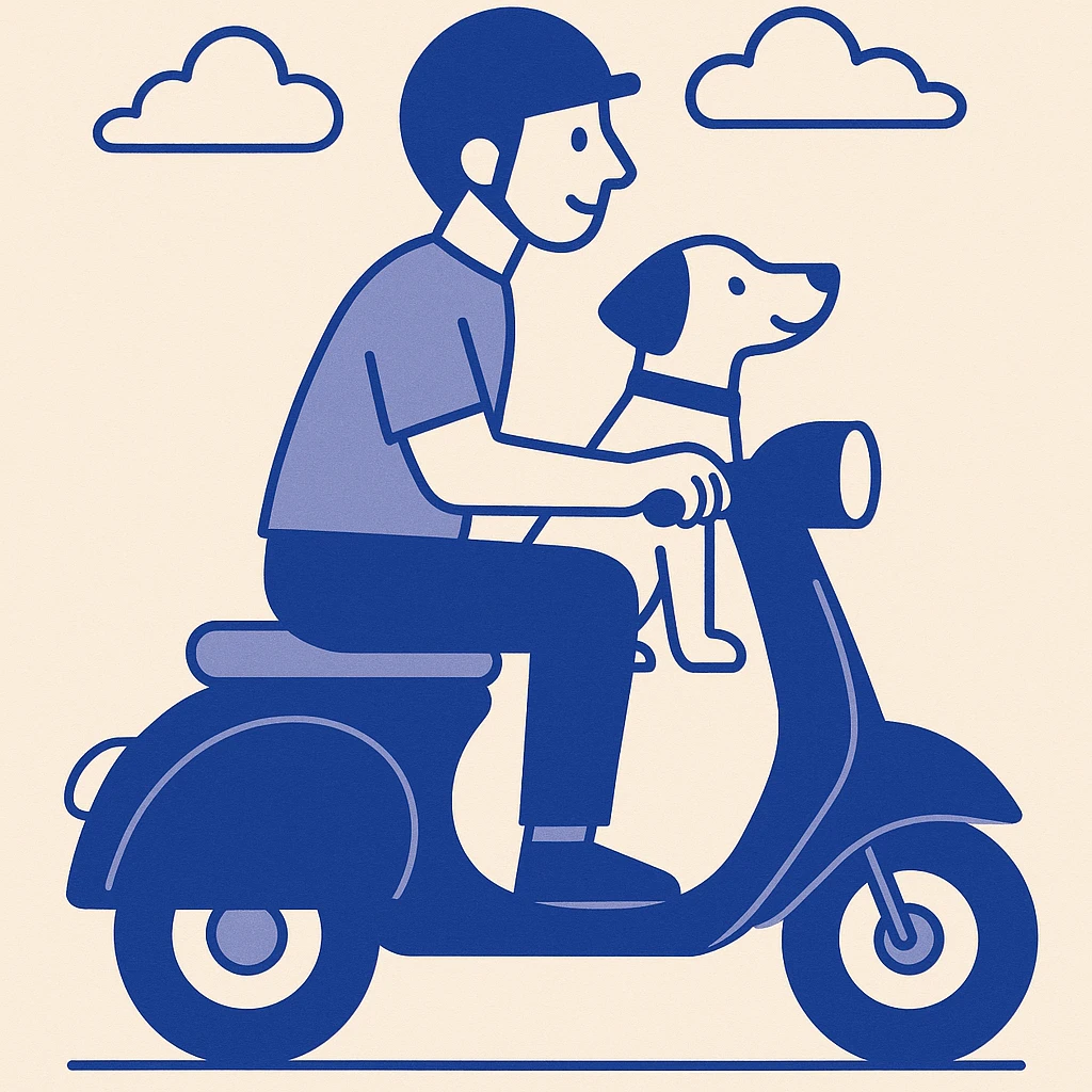 man and his pet dog riding a vespa emoji