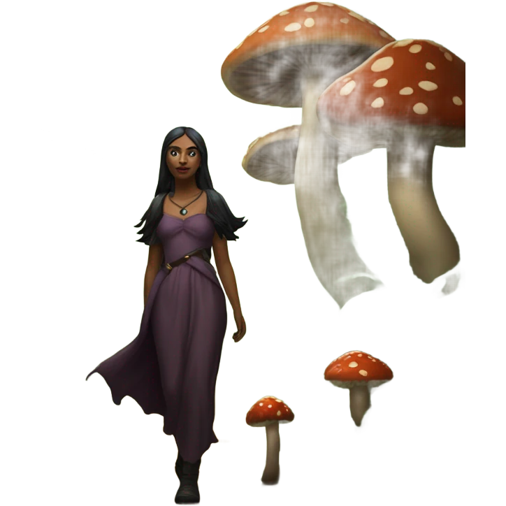 the morrigan walking in the woods with wisdom about mushrooms emoji