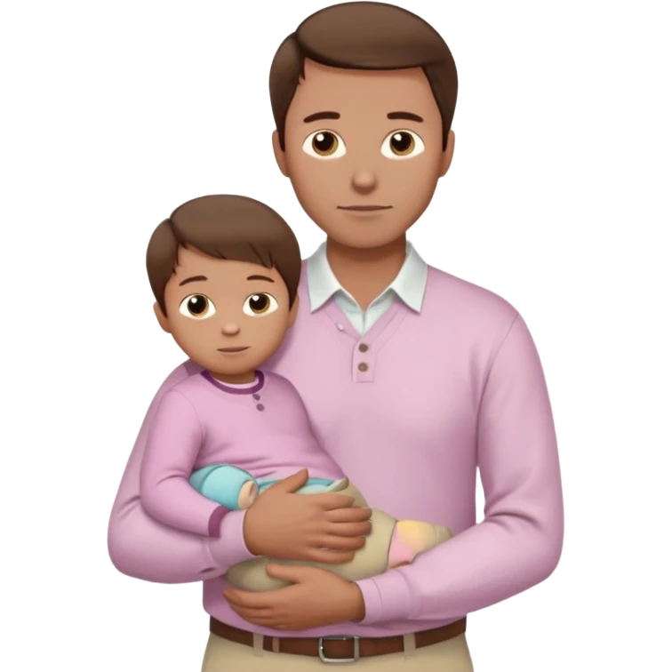 A father with neatly combed chestnut-brown hair, wearing a white button-up shirt and light khaki pants, holding his child close. The child has silky dark hair and a pale pink sweater. Bright natural light, clean and gentle mood. emoji