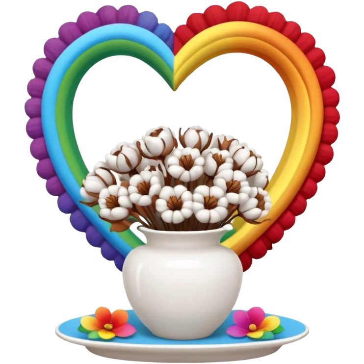 a bouquet of cotton flowers with brown dried petals, in a white ribbed vase on a white tray. next to it is a figurine in the form of a white heart, with a rainbow outline emoji