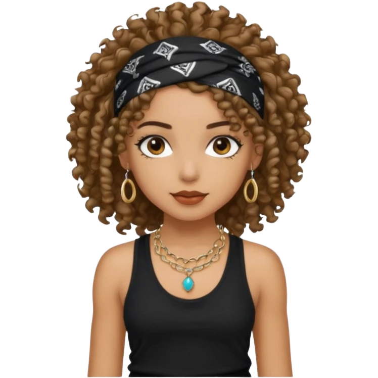 Baddie girl with black  tank top curly hairss and bandana and jwellery emoji