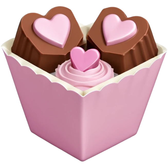 Two square milk chocolate pralines only, Each praline is a sharp-edged cube with smooth glossy chocolate coating, placed in a small white fluted paper candy cup. On top of each cube is a flat pastel pink heart-shaped icing, thin and smooth, slightly translucent, with fine sugar crystal sparkle. emoji