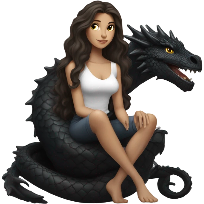 Beautiful white woman with long wavy dark brown hair riding on top of a black dragon emoji
