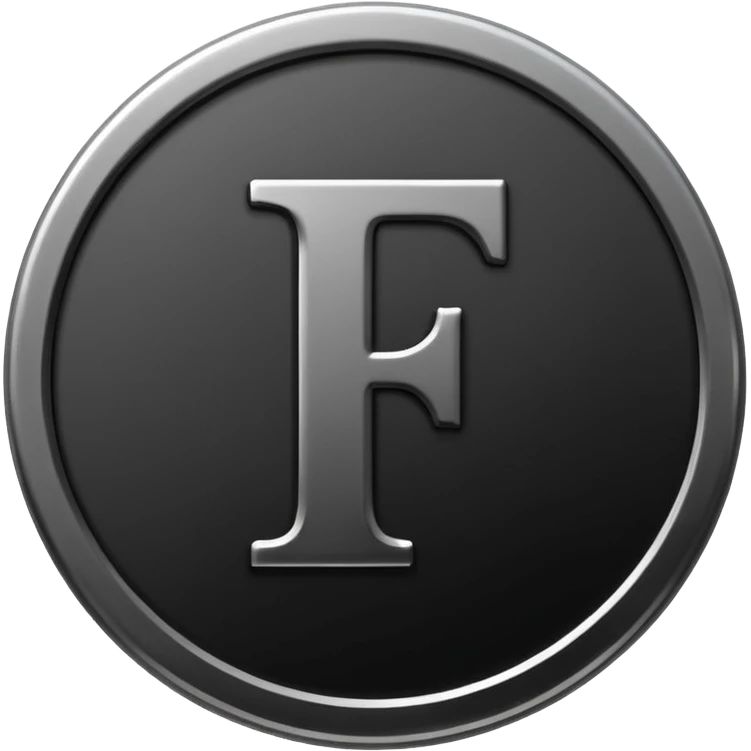 Emoji icon of a black coin with engraved letter F, minimalist style, isolated, no color emoji