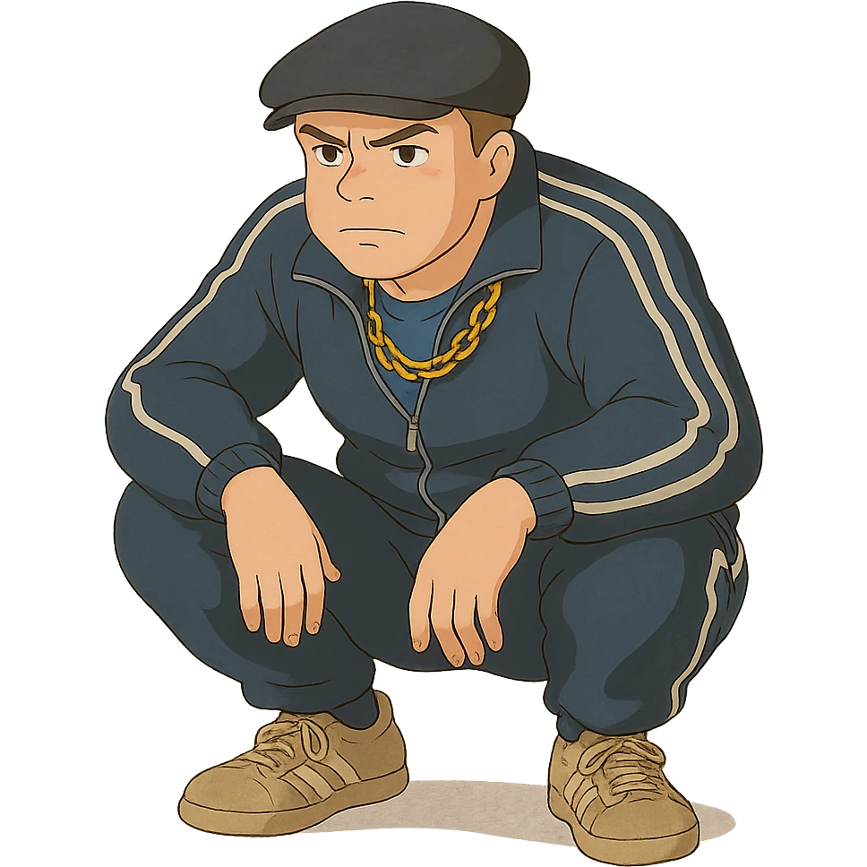 ghibli style Russian gangster squatting, wearing a tracksuit and gold chain emoji
