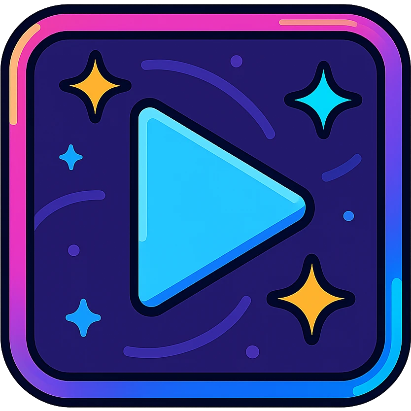 animated play icon with dark purple, blue, and black base, bright accents, complex gradients, stars, bright neon border, modern clean play symbol, subtle glowing and moving stars neon effects, sophisticated futuristic style emoji