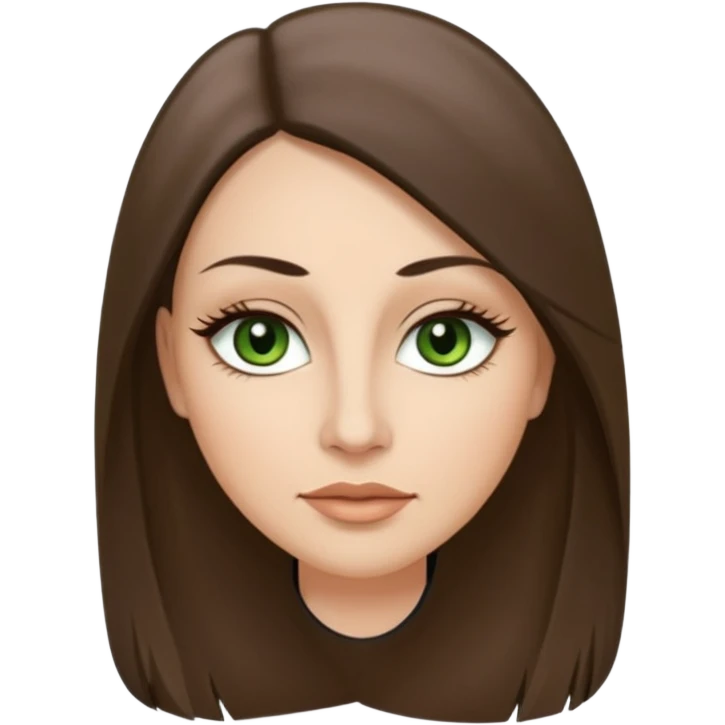 40 year old Adult woman avatar, light skin tone, oval face, long straight ashy brown hair, green almond-shaped eyes with dramatic eyelashes and minimal eyeliner, neutral mouth, medium straight eyebrows, small nose, smooth skin emoji