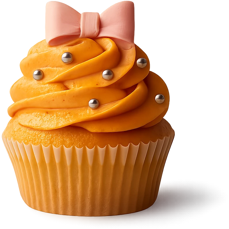 Change the icing to pumpkin color (orange, creamy and slightly glossy), keep the realistic cupcake and accessories, photorealistic style, transparent background. emoji