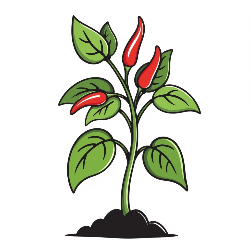 Hand drawn pepper plant with green leaves and red chili peppers emoji