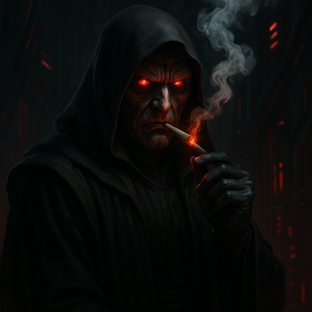 an elite sith lord smoking a joint, dramatic lighting, dark robes, glowing red eyes, menacing expression, sci-fi background emoji