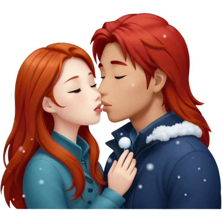 long haired asian guy kissing redhead girl in snow falling emoji
