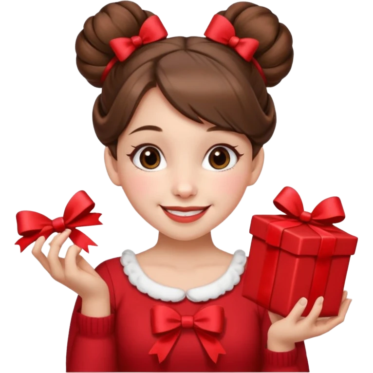 A cheerful young girl with brown hair styled in two playful buns adorned with red bows is winking and smiling.  In her hands, she holds a small decorated  emoji